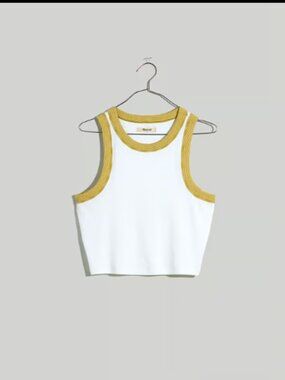 MADEWELL SUPIMA RIB CROP CUTAWAY TANK TOP EYELET WHITE STRIPE $45 M